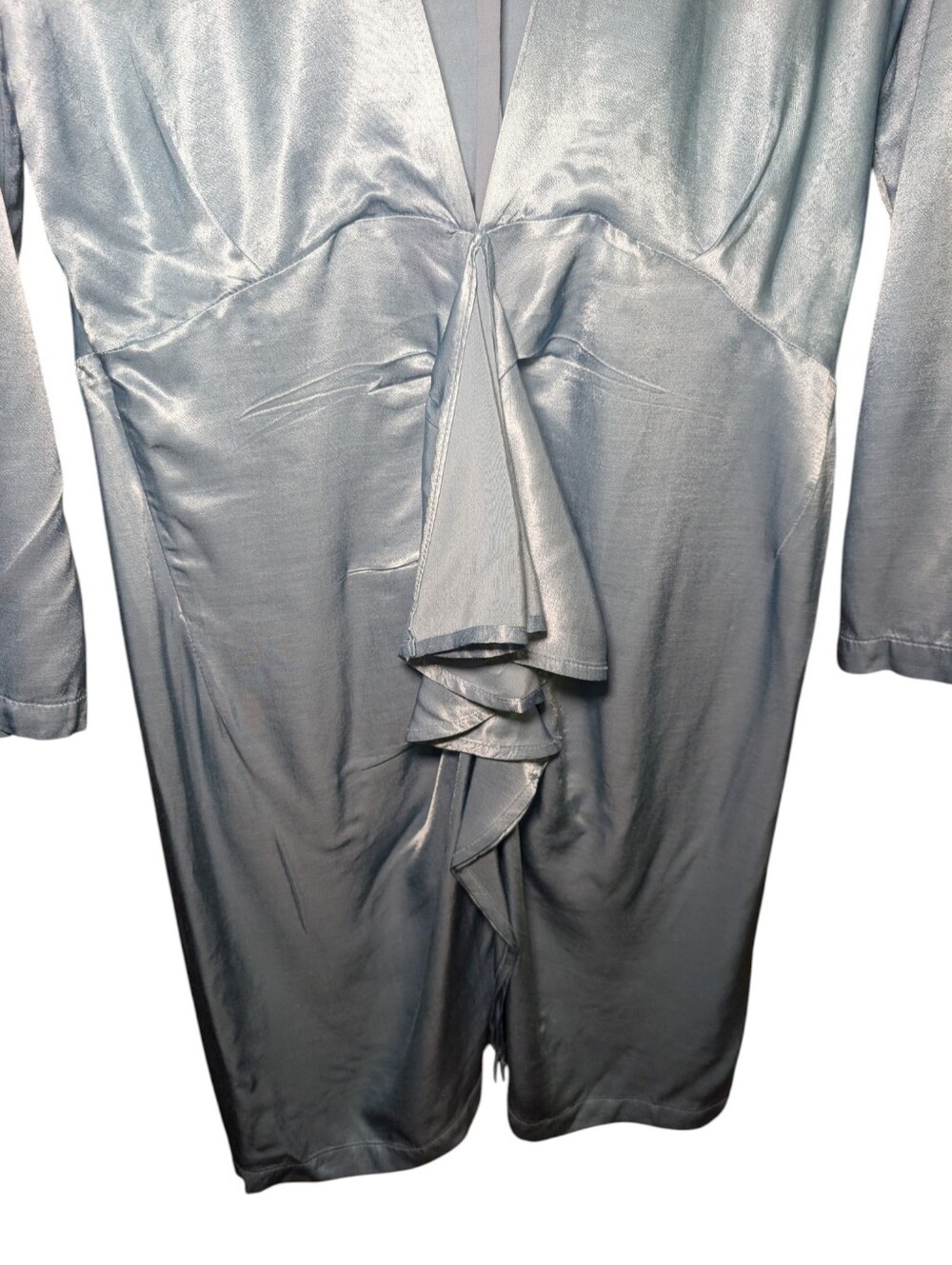 Silky Deep V-Neck Long Sleeve Chemise - Slate Gray - Picture 2 of 4